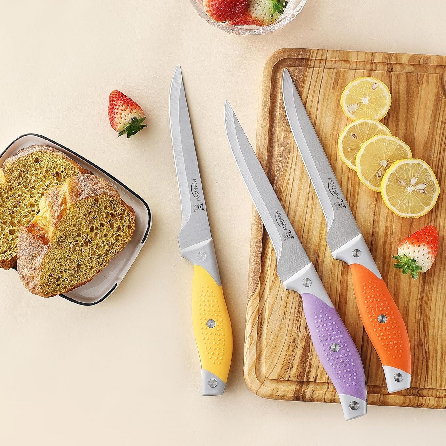 3PCS Boning Knife, German Stainless Steel Fillet Knives, 6 inch Curved Boning Deboning Filet Fillet Knife for Meat, Fish, Poultry, Cutting, Trimming, Ergonomic Rubber Handle, Dishwasher Safe