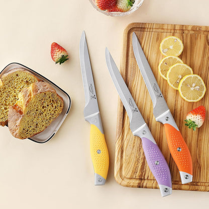 3PCS Boning Knife, German Stainless Steel Fillet Knives, 6 inch Curved Boning Deboning Filet Fillet Knife for Meat, Fish, Poultry, Cutting, Trimming, Ergonomic Rubber Handle, Dishwasher Safe