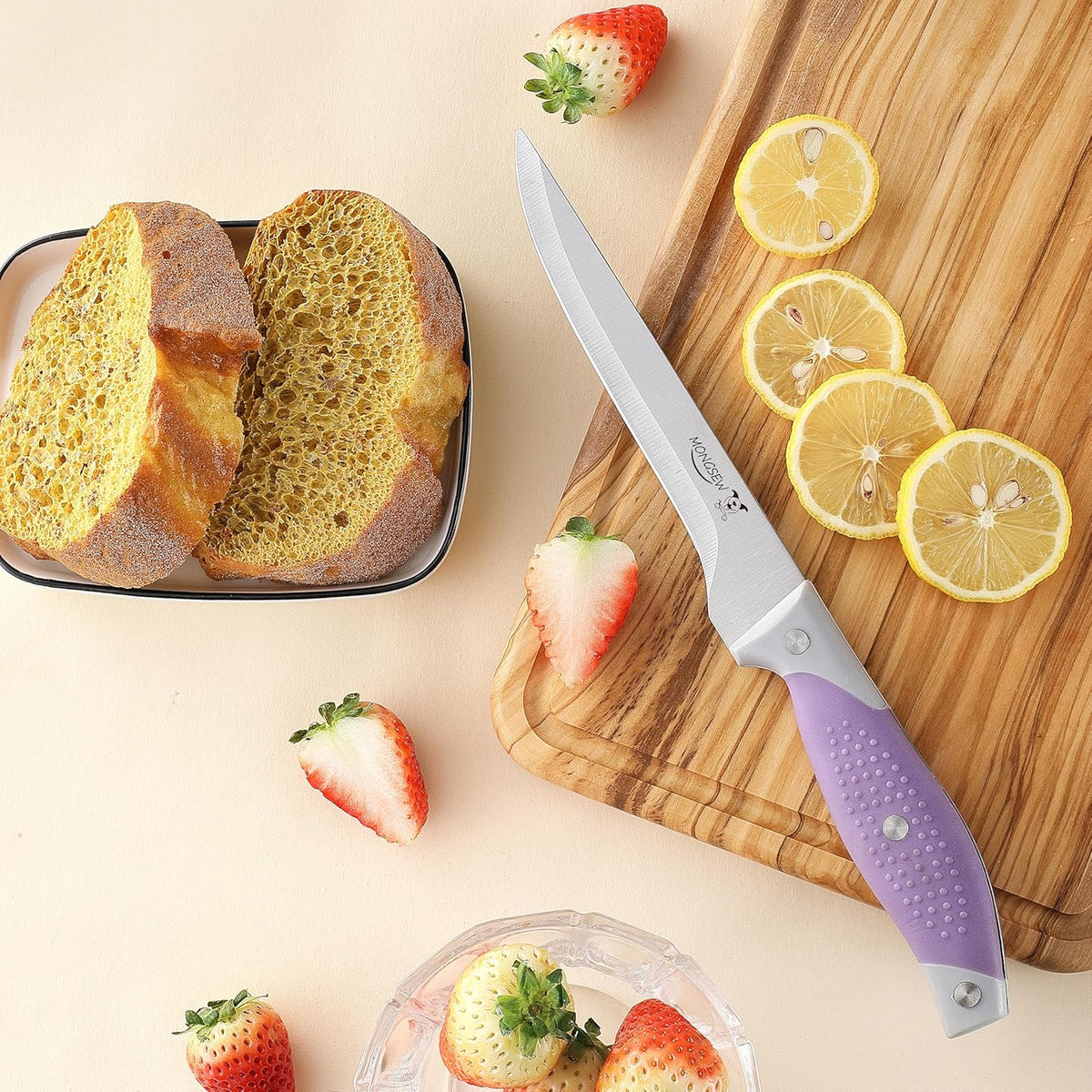3PCS Boning Knife, German Stainless Steel Fillet Knives, 6 inch Curved Boning Deboning Filet Fillet Knife for Meat, Fish, Poultry, Cutting, Trimming, Ergonomic Rubber Handle, Dishwasher Safe