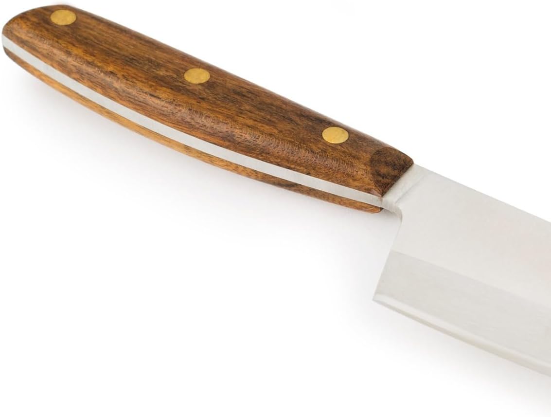 Deba Knife 7 Inch Stainless Steel. Japanese Kitchen Knife for Fish, Meat and Vegetables. Ovengkol Wood Handle 100% natural FSC and 170mm Blade. Series Nordika. Color Brown.