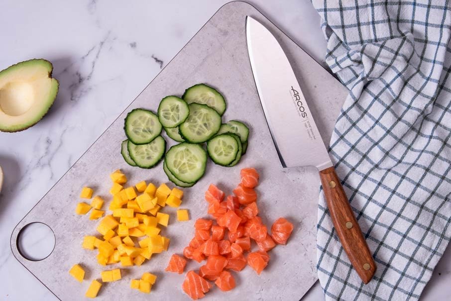 Deba Knife 7 Inch Stainless Steel. Japanese Kitchen Knife for Fish, Meat and Vegetables. Ovengkol Wood Handle 100% natural FSC and 170mm Blade. Series Nordika. Color Brown.
