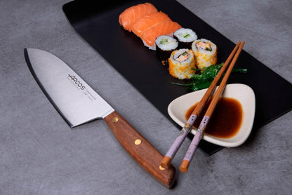 Deba Knife 7 Inch Stainless Steel. Japanese Kitchen Knife for Fish, Meat and Vegetables. Ovengkol Wood Handle 100% natural FSC and 170mm Blade. Series Nordika. Color Brown.