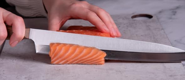 Deba Knife 7 Inch Stainless Steel. Japanese Kitchen Knife for Fish, Meat and Vegetables. Ovengkol Wood Handle 100% natural FSC and 170mm Blade. Series Nordika. Color Brown.