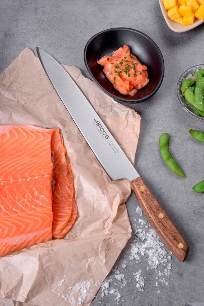Deba Knife 7 Inch Stainless Steel. Japanese Kitchen Knife for Fish, Meat and Vegetables. Ovengkol Wood Handle 100% natural FSC and 170mm Blade. Series Nordika. Color Brown.