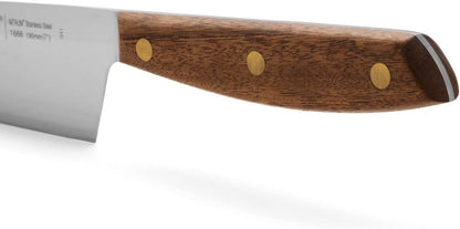 Deba Knife 7 Inch Stainless Steel. Japanese Kitchen Knife for Fish, Meat and Vegetables. Ovengkol Wood Handle 100% natural FSC and 170mm Blade. Series Nordika. Color Brown.