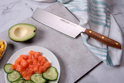 Deba Knife 7 Inch Stainless Steel. Japanese Kitchen Knife for Fish, Meat and Vegetables. Ovengkol Wood Handle 100% natural FSC and 170mm Blade. Series Nordika. Color Brown.