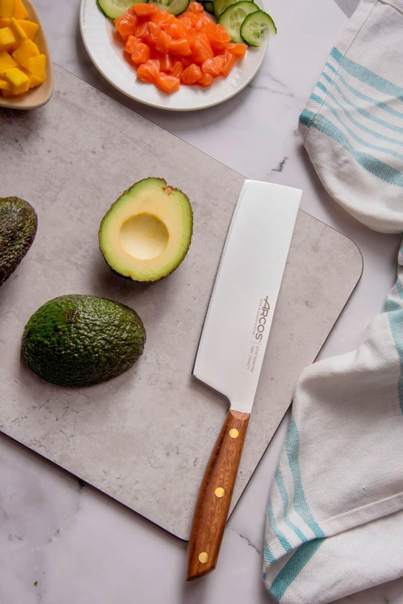 Deba Knife 7 Inch Stainless Steel. Japanese Kitchen Knife for Fish, Meat and Vegetables. Ovengkol Wood Handle 100% natural FSC and 170mm Blade. Series Nordika. Color Brown.