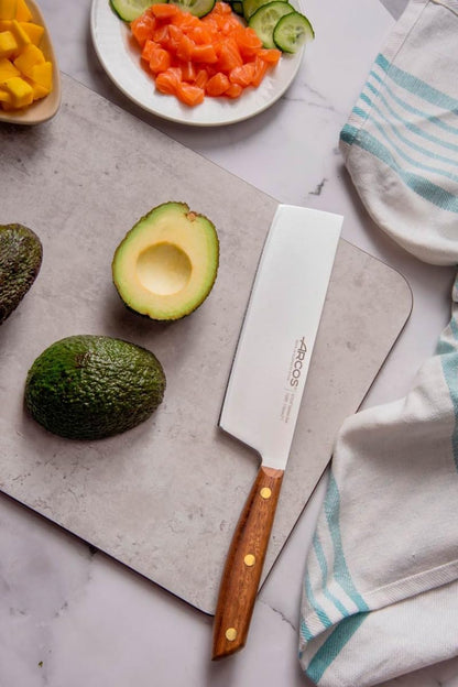 Deba Knife 7 Inch Stainless Steel. Japanese Kitchen Knife for Fish, Meat and Vegetables. Ovengkol Wood Handle 100% natural FSC and 170mm Blade. Series Nordika. Color Brown.