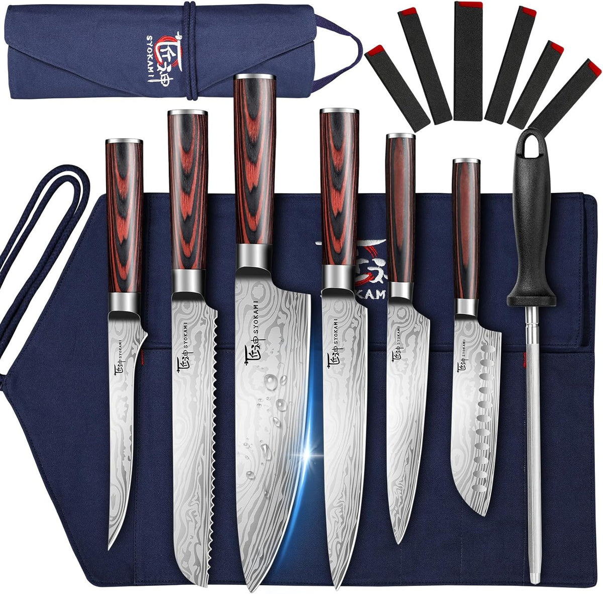 14pcs Chef Knife Set with Roll Bag, Professional Stainless Steel Japanese Knife Set with Pakkawood Handle for Professional Chef, Camping, Travel, BBQ, RV or Gift Beige