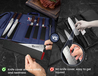 14pcs Chef Knife Set with Roll Bag, Professional Stainless Steel Japanese Knife Set with Pakkawood Handle for Professional Chef, Camping, Travel, BBQ, RV or Gift Beige