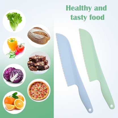 2 Pcs Lettuce Knife 11 inch Professional Lettuce Knife to Prevent Browning Kitchen Utensils Plastic Cake Knife Dishwasher Safe for Cooking and Cutting Vegetable Fruits Bread Salad (Blue, Green)