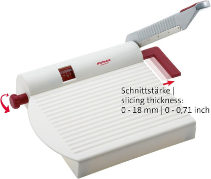Adjustable Cheese Slicer with Board & Stainless Steel Sharp Blade, German Cheese Cutter with Precise Thickness Control, Multipurpose Food & Cheese Slicer, Effortless Slicing, White