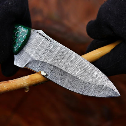Fixed Blade Damascus Steel Hunting Knife with Leather Sheath, 9'' Full Tang Hunting Skinning,Non-Slip Wooden Handle,Camping Knife (VENGI)