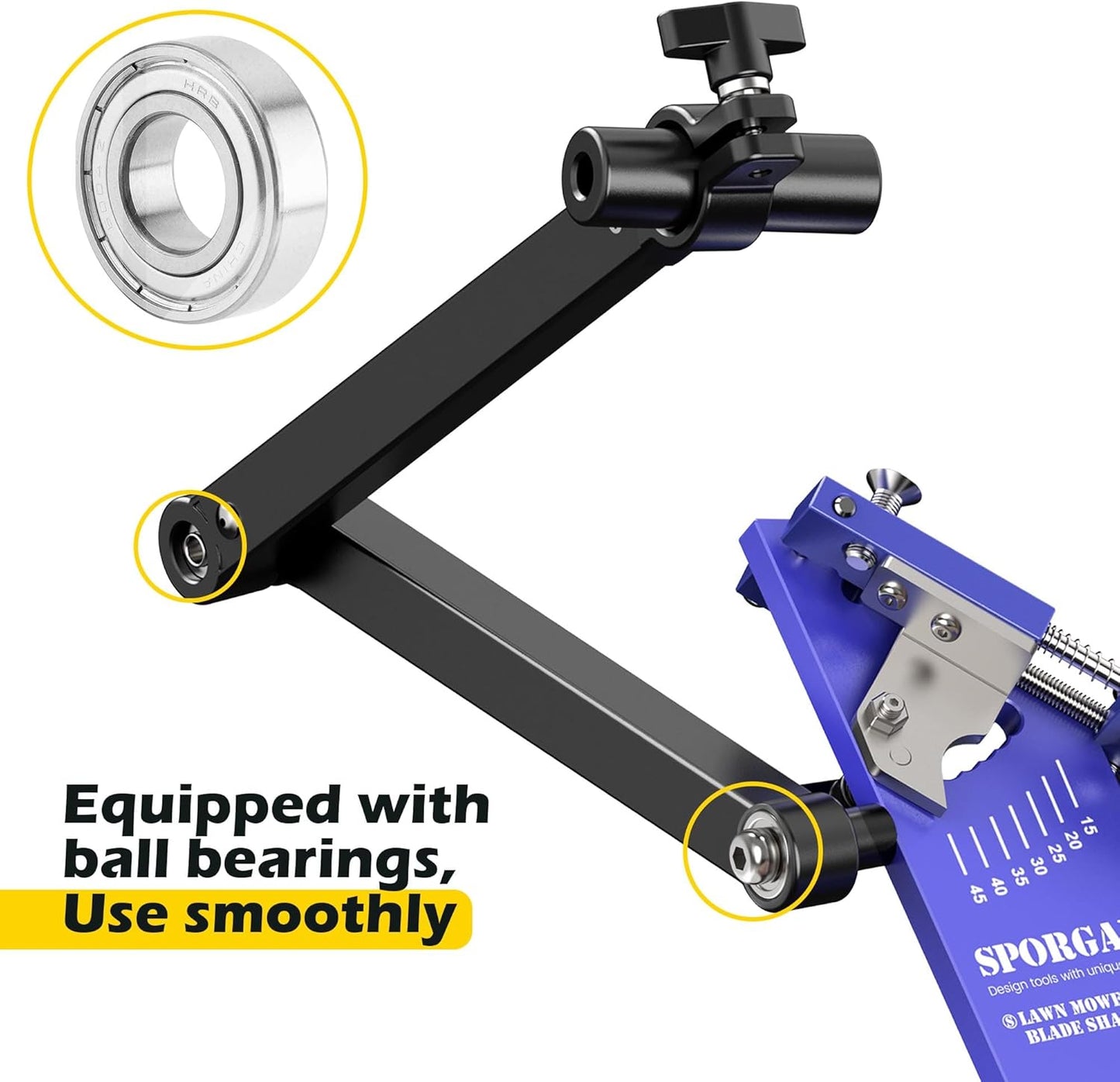 [Updated] Lawn Mower Blade Sharpener 15°-45° Adjustable Frame with Ball Bearing Manufacture Handle for Right & Left Hand Blades, Use with Angle Grinder, Black