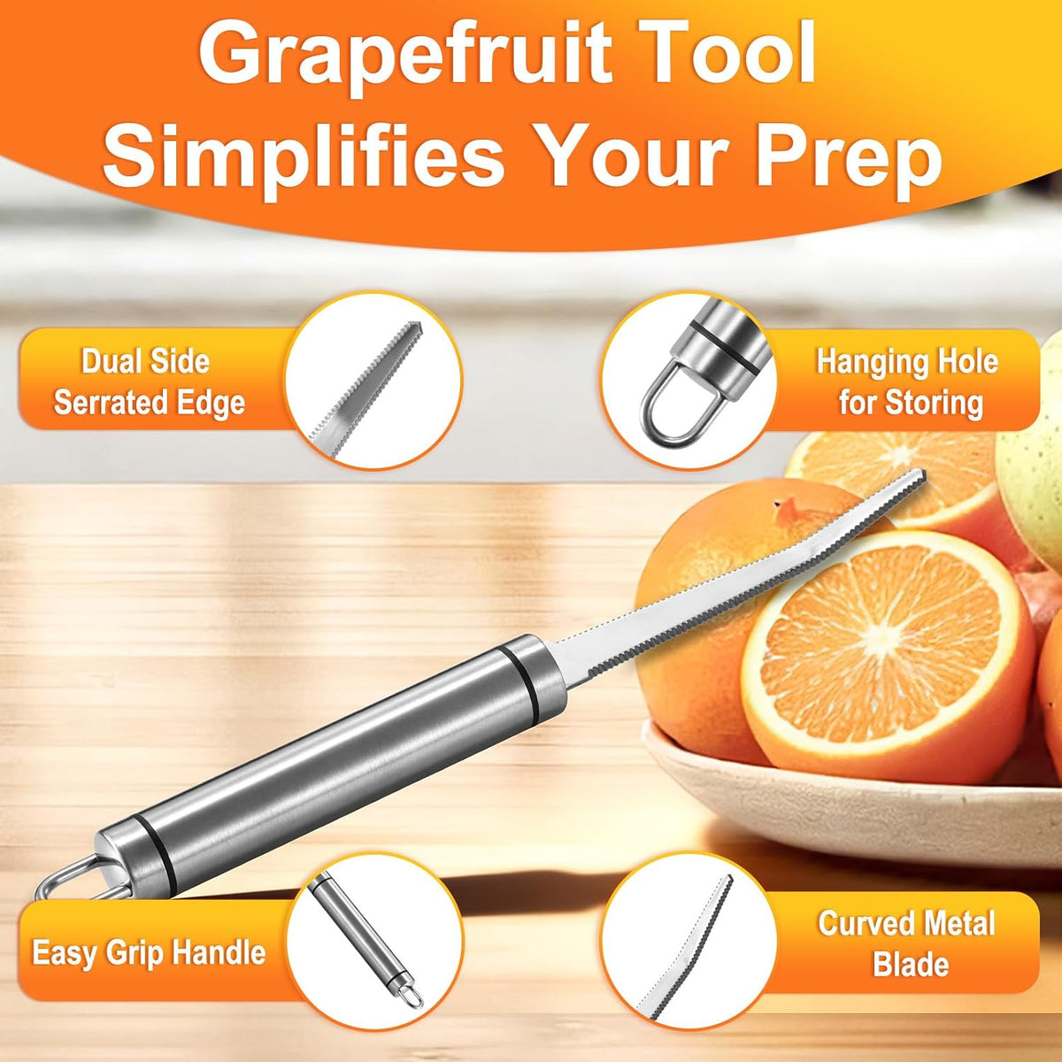 Grapefruit Knives 2 Pack, Stainless Steel Grapefruit Utensil Knife | Serrated Edge & Thick Gauge Handle, Kitchen Tool with Non-stick Plating for Kiwi, Mango, Dessert, Apple, Citrus Fruit