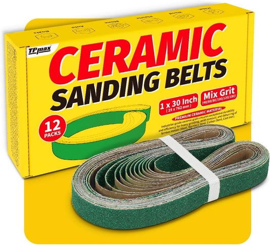 12 Pack 1 x 30 Inch Zirconia Ceramic Sanding Belts Kit – 40, 60, 80, 100, 120, 180 Grits Premium Metal Grinding Belts for Knife Sharpening, Stock Removal, and Bevel Work