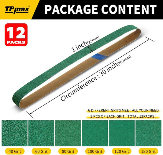 12 Pack 1 x 30 Inch Zirconia Ceramic Sanding Belts Kit – 40, 60, 80, 100, 120, 180 Grits Premium Metal Grinding Belts for Knife Sharpening, Stock Removal, and Bevel Work