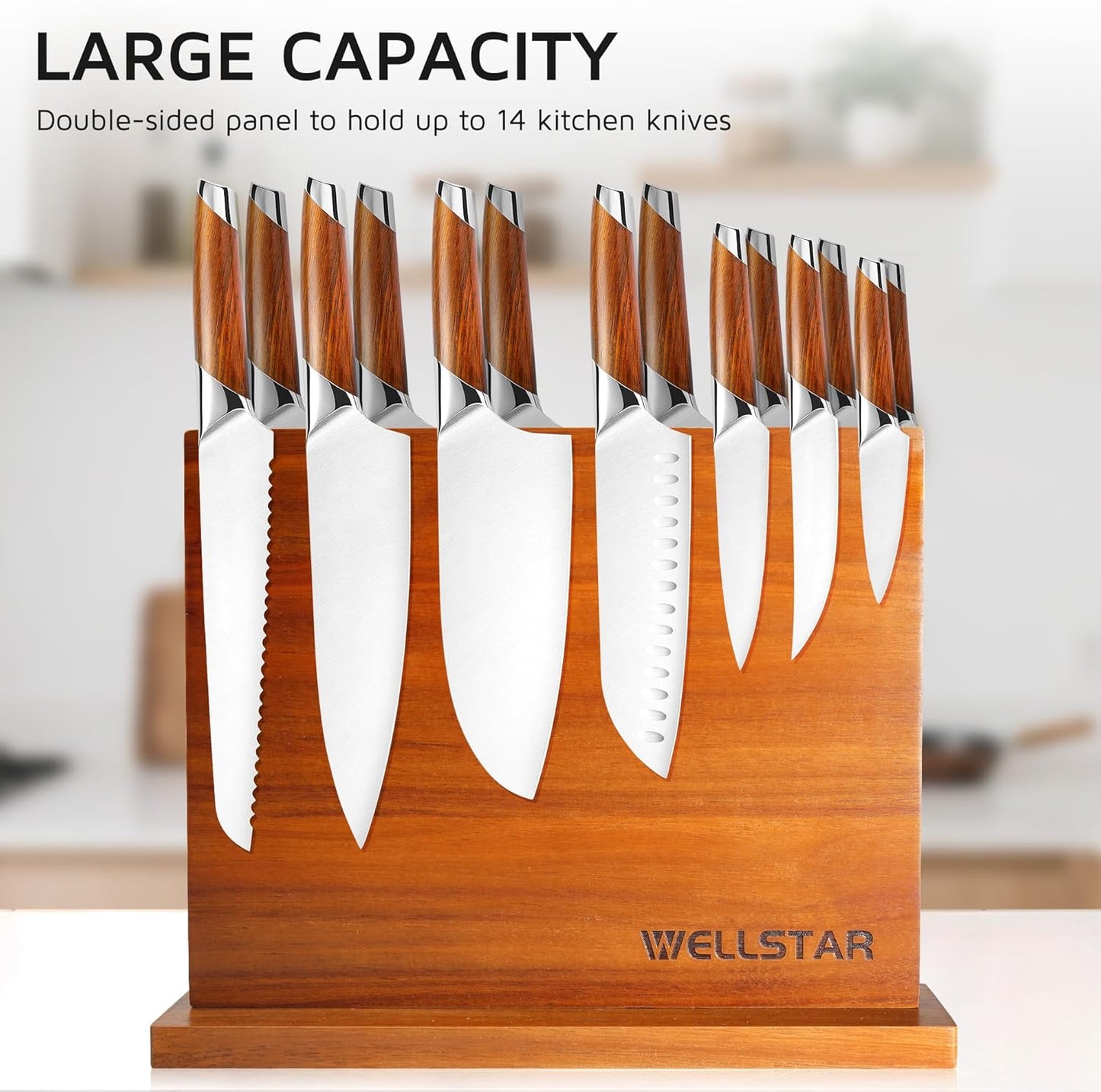 Modern Acacia Magnetic Knife Block Holder 16 x 10 Inches, Extra Large Dual-Sided Strong Magnet Wood knives Stand, Luxurious Kitchen Counter Rack Organizer for a Stable and Stylish Cutlery Display