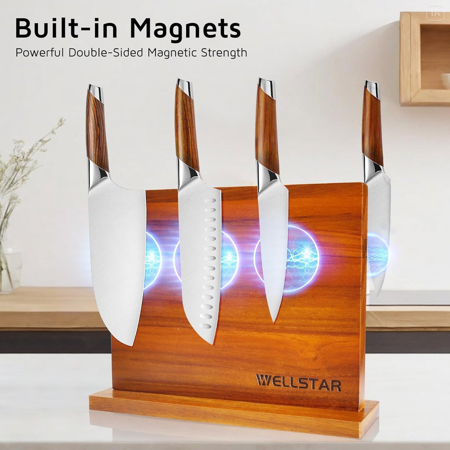 Modern Acacia Magnetic Knife Block Holder 16 x 10 Inches, Extra Large Dual-Sided Strong Magnet Wood knives Stand, Luxurious Kitchen Counter Rack Organizer for a Stable and Stylish Cutlery Display