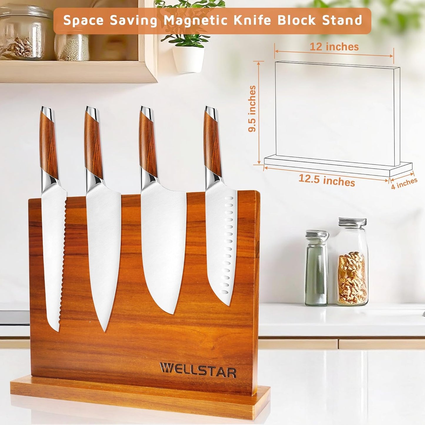 Modern Acacia Magnetic Knife Block Holder 16 x 10 Inches, Extra Large Dual-Sided Strong Magnet Wood knives Stand, Luxurious Kitchen Counter Rack Organizer for a Stable and Stylish Cutlery Display