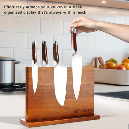 Modern Acacia Magnetic Knife Block Holder 16 x 10 Inches, Extra Large Dual-Sided Strong Magnet Wood knives Stand, Luxurious Kitchen Counter Rack Organizer for a Stable and Stylish Cutlery Display