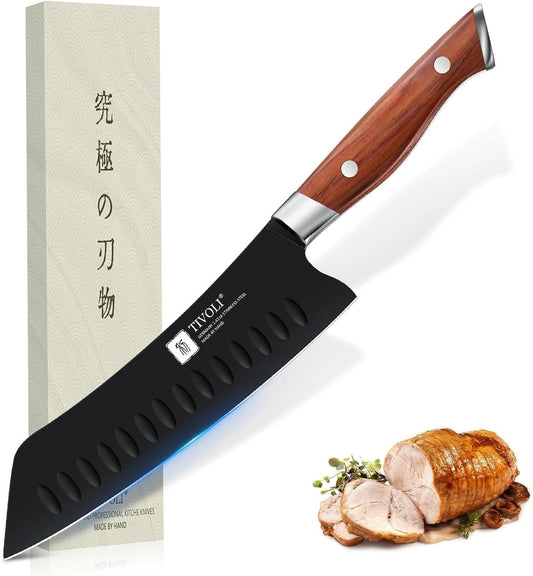 Santoku Knife, 7 Inch Professional Chef Knife with Wood Handle | German High Carbon Stainless Steel, Full Tang Ergonomic Wood Handle, Gift Box, Stain Resistant & Easy to Clean, for Cooking