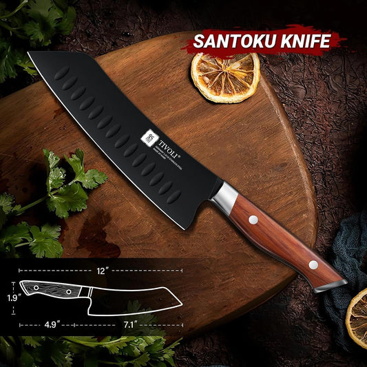 Santoku Knife, 7 Inch Professional Chef Knife with Wood Handle | German High Carbon Stainless Steel, Full Tang Ergonomic Wood Handle, Gift Box, Stain Resistant & Easy to Clean, for Cooking