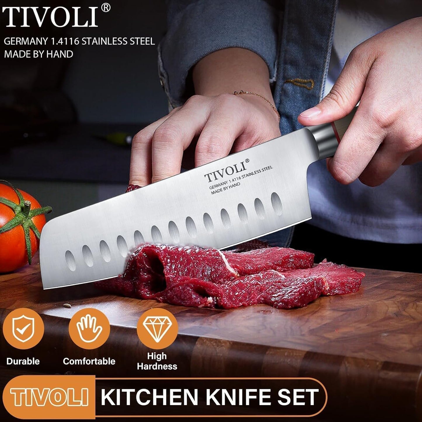 Santoku Knife, 7 Inch Professional Chef Knife with Wood Handle | German High Carbon Stainless Steel, Full Tang Ergonomic Wood Handle, Gift Box, Stain Resistant & Easy to Clean, for Cooking