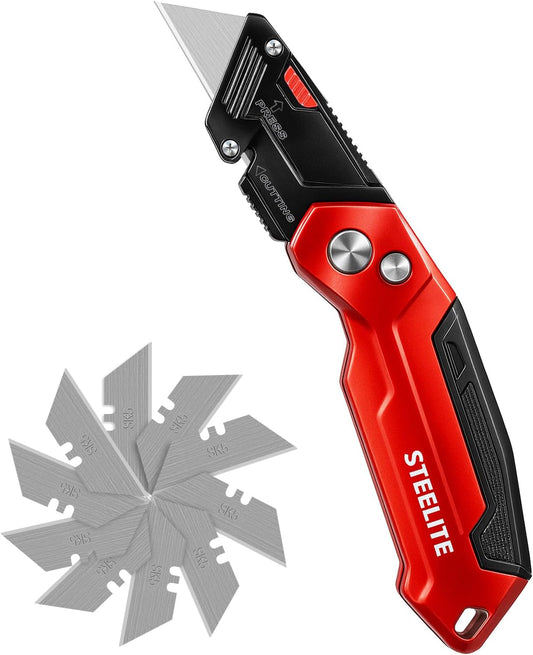 Folding Utility Knife, Heavy Duty Box Cutter with 13 Extra Blades | Quick-Open Button Lock for One-Handed Operation, Blade Storage Design, Perfect for Cartons, Tapes, Cardboard, Leather
