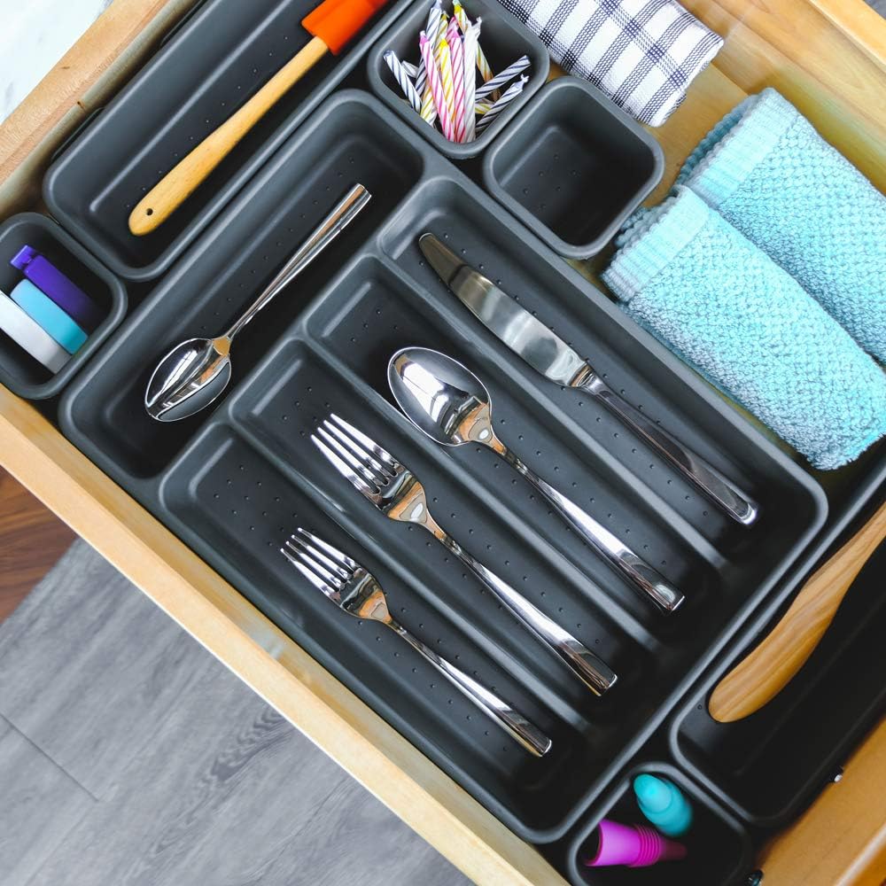 Silverware Tray, 5 Compartment Flatware Organizer for Forks, Knives & Spoons, Durable Drawer Organizer, Granite