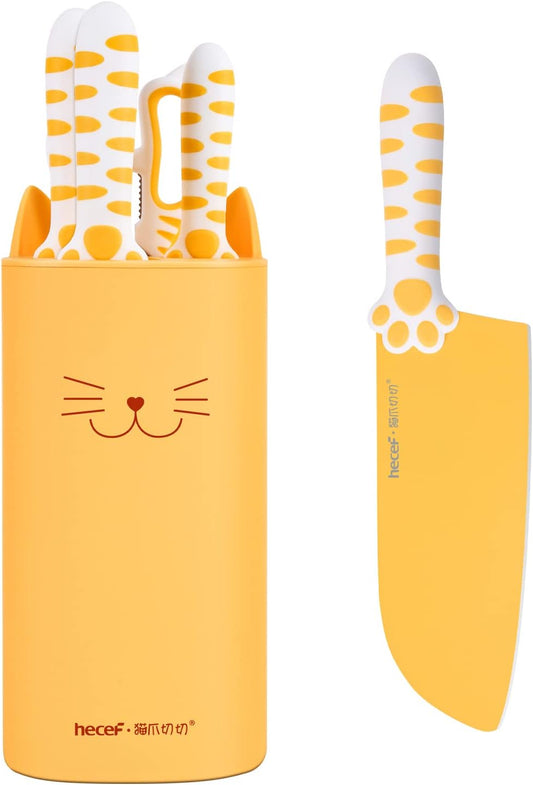 Cute Kitchen Knife Set, Dishwasher Safe, 5-piece Non-Stcik Knives Set with Detachable Block and Scissors,Sharp Kitchen Knives for Chopping, Slicing, Dicing and Cutting (Yellow)