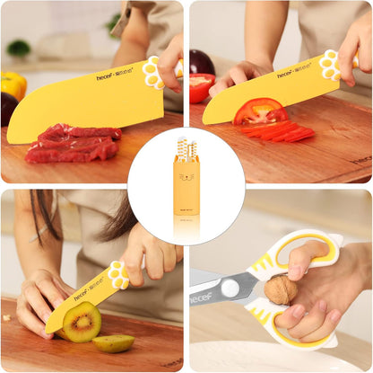 Cute Kitchen Knife Set, Dishwasher Safe, 5-piece Non-Stcik Knives Set with Detachable Block and Scissors,Sharp Kitchen Knives for Chopping, Slicing, Dicing and Cutting (Yellow)