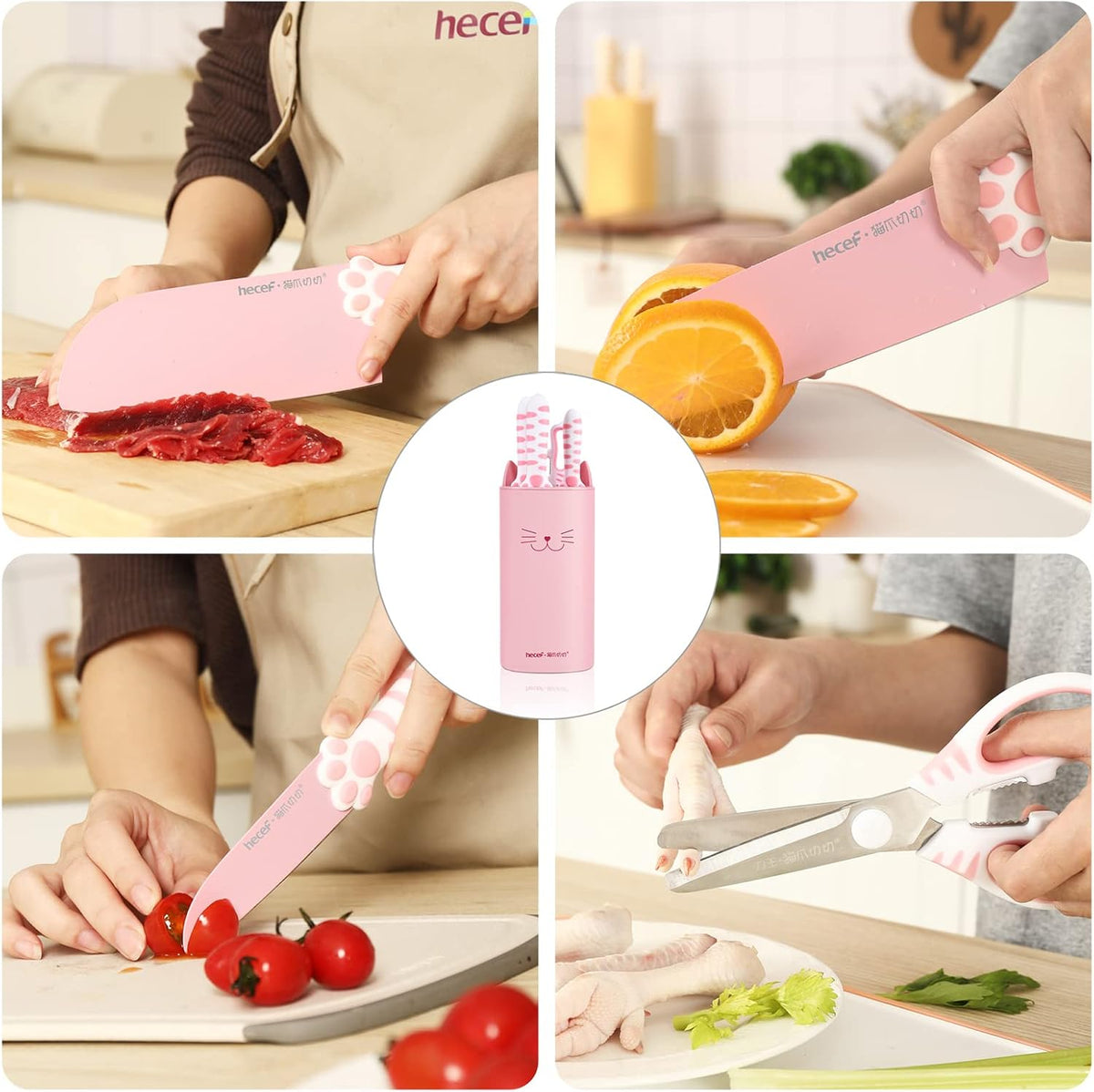 Cute Kitchen Knife Set, Dishwasher Safe, 5-piece Non-Stcik Knives Set with Detachable Block and Scissors,Sharp Kitchen Knives for Chopping, Slicing, Dicing and Cutting (Yellow)