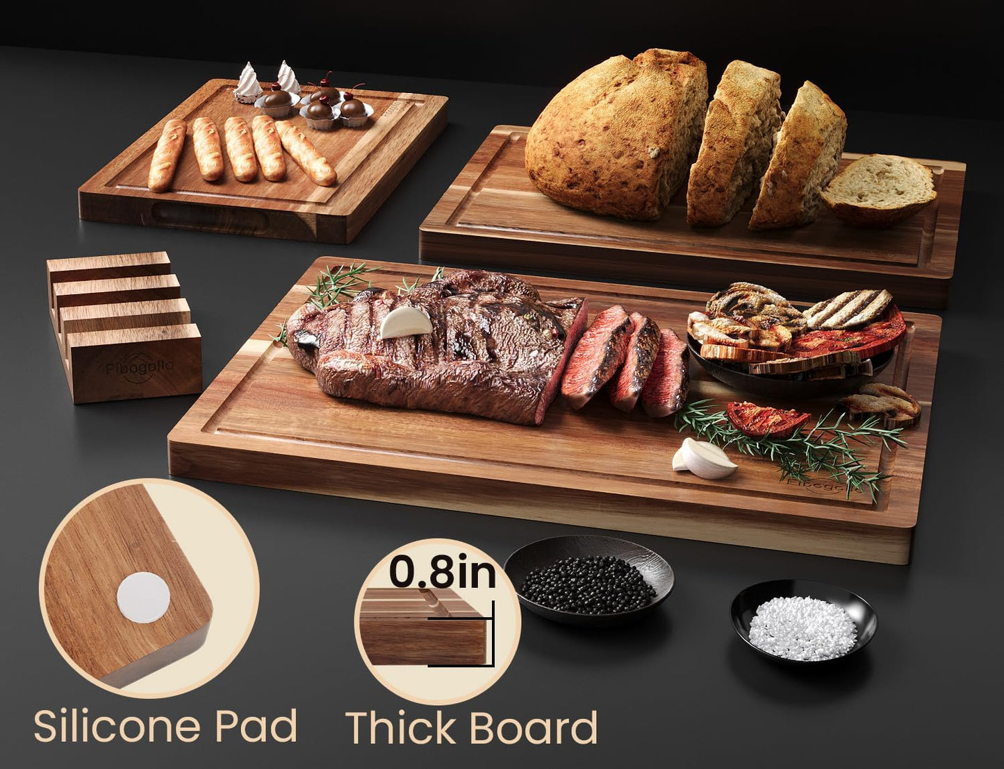 Acacia Wood Cutting Boards for Kitchen(Set of 3),Wooden Chopping Boards Set with Juice Groove,Serving Board with Holder,Butcher Block for Meat,Vegetables,Fruit