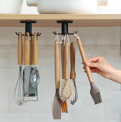 2pcs Under Cabinet Kitchen Utensil Hooks,360° Rotating Drilling Free Adhesive Utensils Hanging Rack for Tools/Towel/Knife (Black)
