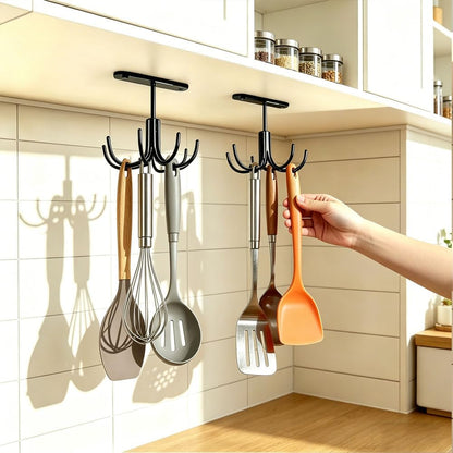 2pcs Under Cabinet Kitchen Utensil Hooks,360° Rotating Drilling Free Adhesive Utensils Hanging Rack for Tools/Towel/Knife (Black)