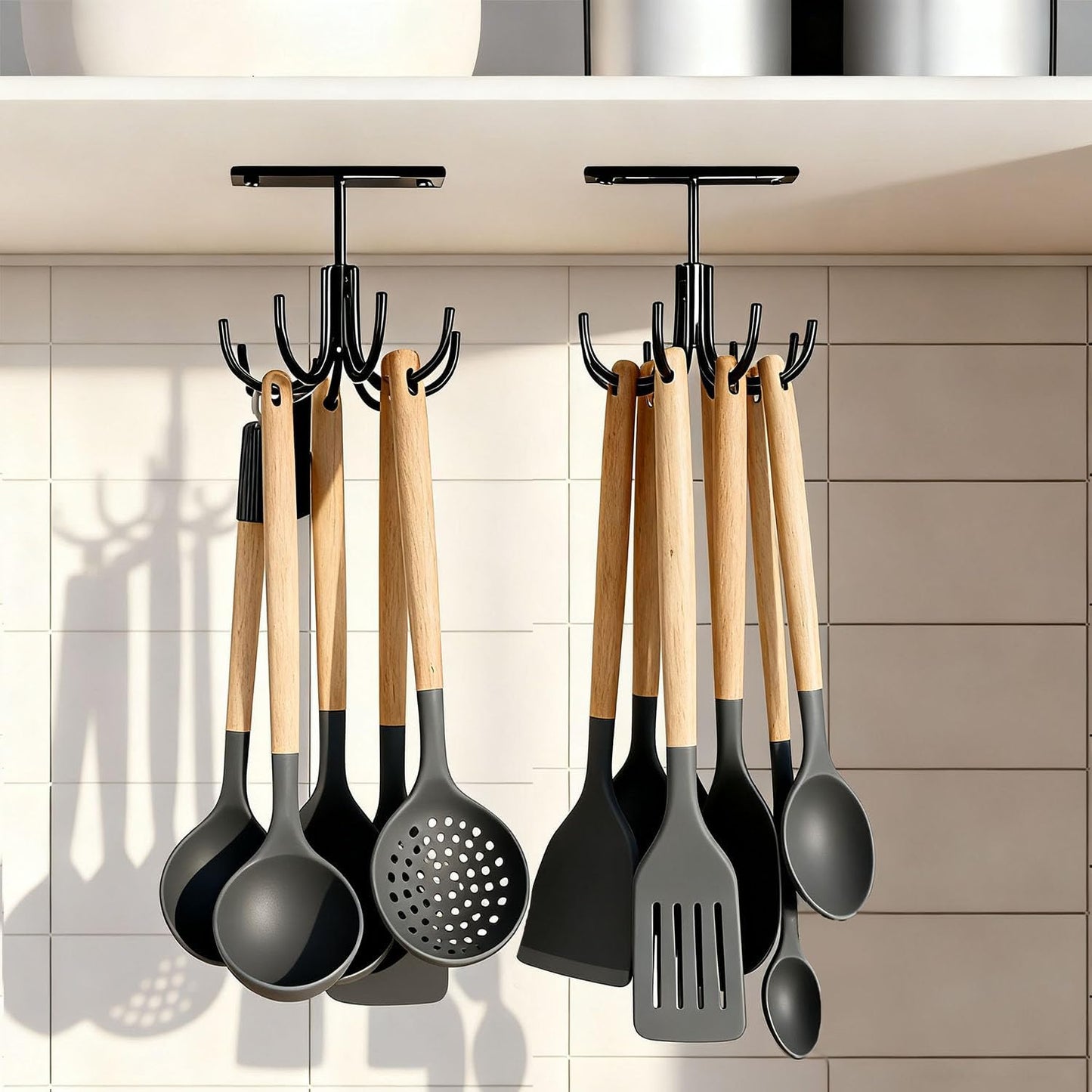 2pcs Under Cabinet Kitchen Utensil Hooks,360° Rotating Drilling Free Adhesive Utensils Hanging Rack for Tools/Towel/Knife (Black)