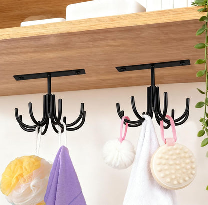 2pcs Under Cabinet Kitchen Utensil Hooks,360° Rotating Drilling Free Adhesive Utensils Hanging Rack for Tools/Towel/Knife (Black)