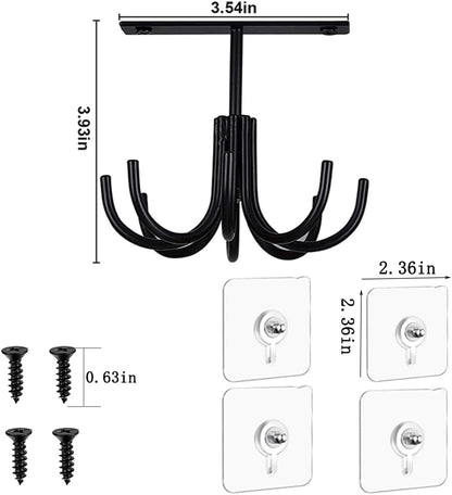2pcs Under Cabinet Kitchen Utensil Hooks,360° Rotating Drilling Free Adhesive Utensils Hanging Rack for Tools/Towel/Knife (Black)