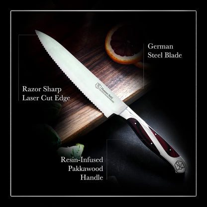 Serrated Utility Knife | German Forged High Carbon Steel | Ergonomic Quad-Tang Pakkawood Handle & Gift Box