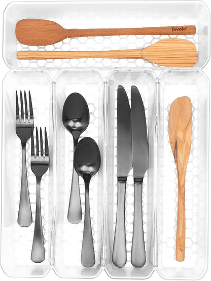 HEXA 5-Divider Expandable Silverware Tray (Stone Gray) - In-Drawer Organizer for Kitchen Accessories, Cutlery, Knives, & More / Easy-to-Clean Home & Apartment Essential