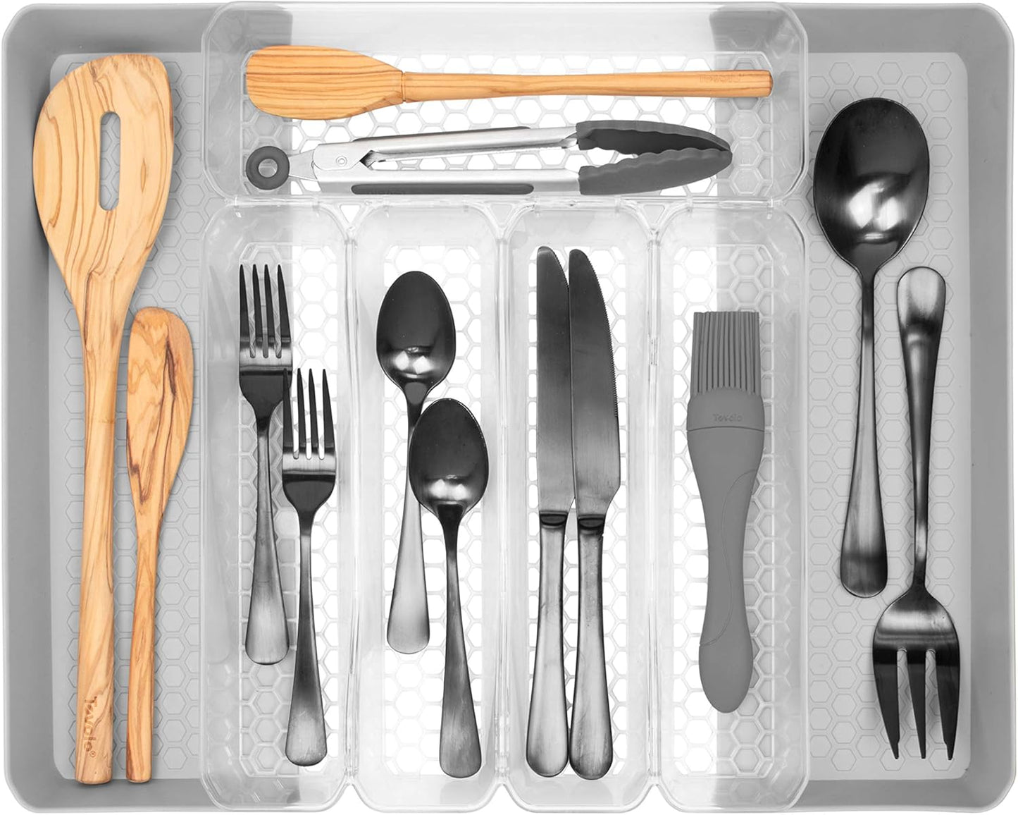 HEXA 5-Divider Expandable Silverware Tray (Stone Gray) - In-Drawer Organizer for Kitchen Accessories, Cutlery, Knives, & More / Easy-to-Clean Home & Apartment Essential