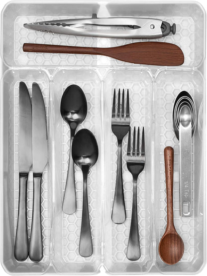 HEXA 5-Divider Expandable Silverware Tray (Stone Gray) - In-Drawer Organizer for Kitchen Accessories, Cutlery, Knives, & More / Easy-to-Clean Home & Apartment Essential