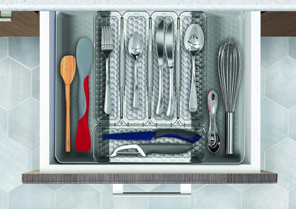 HEXA 5-Divider Expandable Silverware Tray (Stone Gray) - In-Drawer Organizer for Kitchen Accessories, Cutlery, Knives, & More / Easy-to-Clean Home & Apartment Essential
