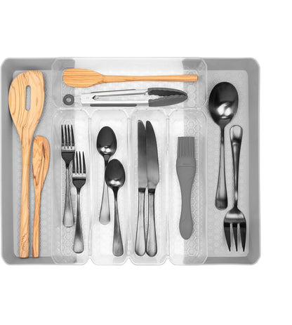 HEXA 5-Divider Expandable Silverware Tray (Stone Gray) - In-Drawer Organizer for Kitchen Accessories, Cutlery, Knives, & More / Easy-to-Clean Home & Apartment Essential