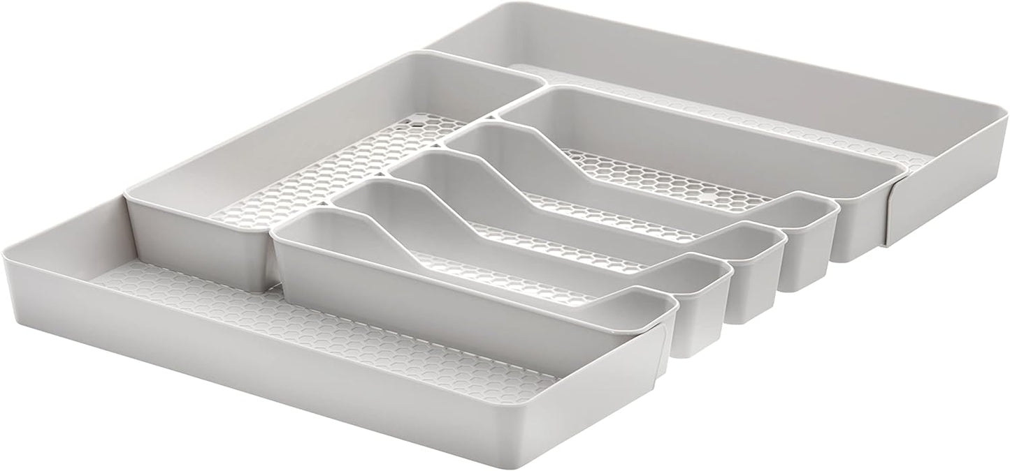 HEXA 5-Divider Expandable Silverware Tray (Stone Gray) - In-Drawer Organizer for Kitchen Accessories, Cutlery, Knives, & More / Easy-to-Clean Home & Apartment Essential