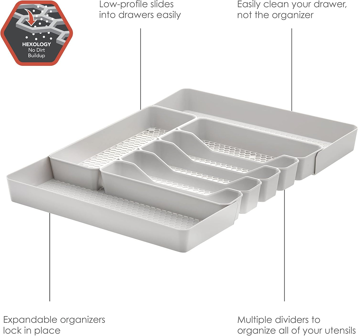 HEXA 5-Divider Expandable Silverware Tray (Stone Gray) - In-Drawer Organizer for Kitchen Accessories, Cutlery, Knives, & More / Easy-to-Clean Home & Apartment Essential