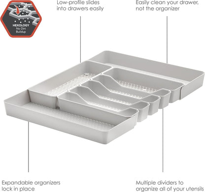 HEXA 5-Divider Expandable Silverware Tray (Stone Gray) - In-Drawer Organizer for Kitchen Accessories, Cutlery, Knives, & More / Easy-to-Clean Home & Apartment Essential