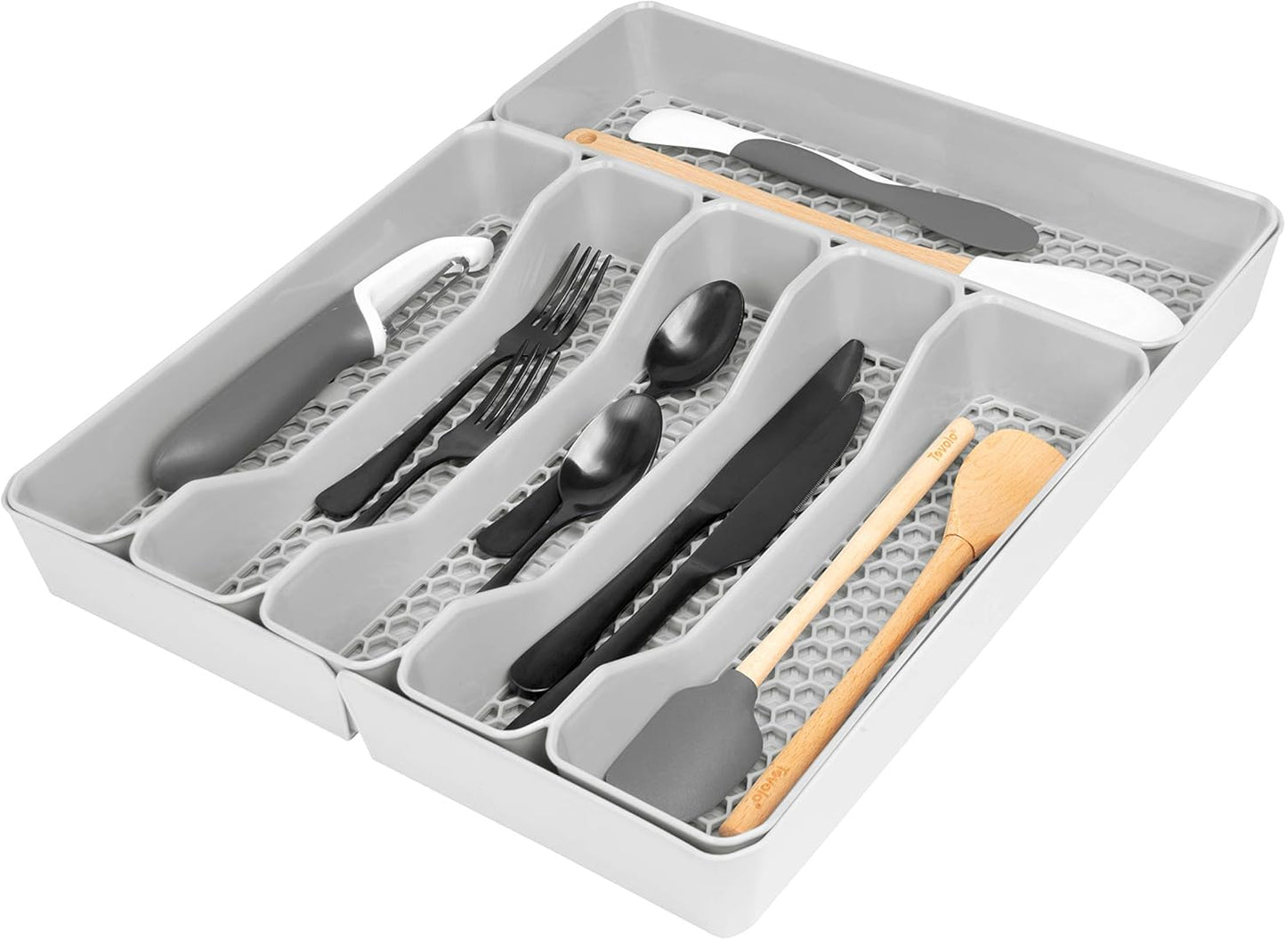 HEXA 5-Divider Expandable Silverware Tray (Stone Gray) - In-Drawer Organizer for Kitchen Accessories, Cutlery, Knives, & More / Easy-to-Clean Home & Apartment Essential