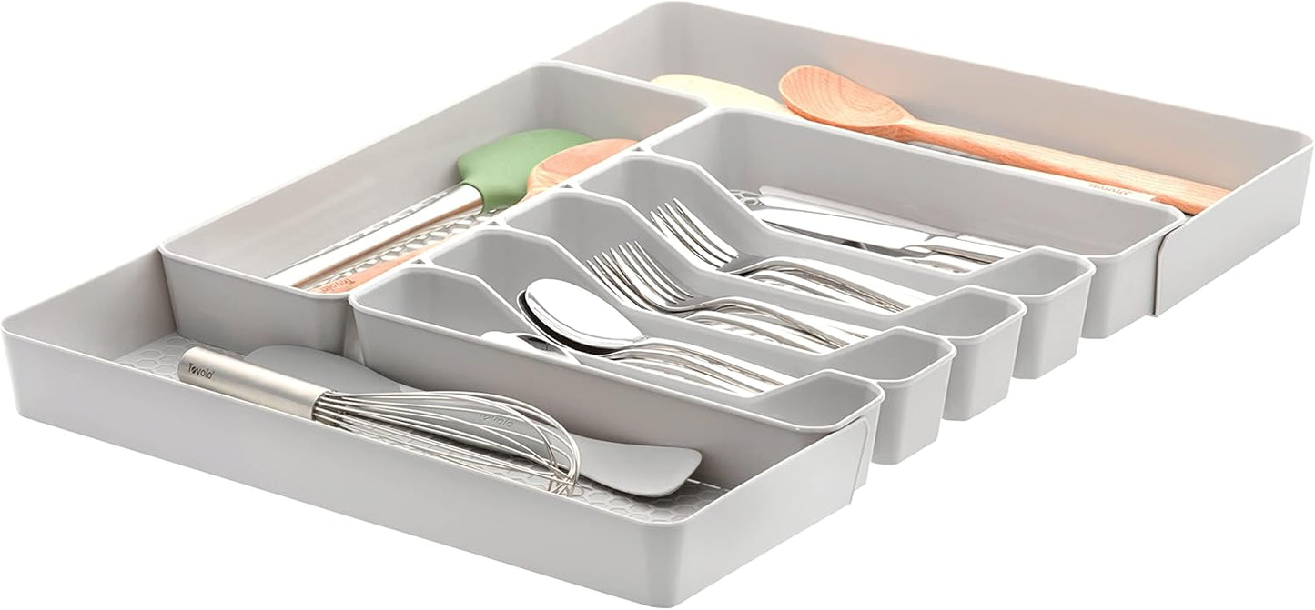 HEXA 5-Divider Expandable Silverware Tray (Stone Gray) - In-Drawer Organizer for Kitchen Accessories, Cutlery, Knives, & More / Easy-to-Clean Home & Apartment Essential